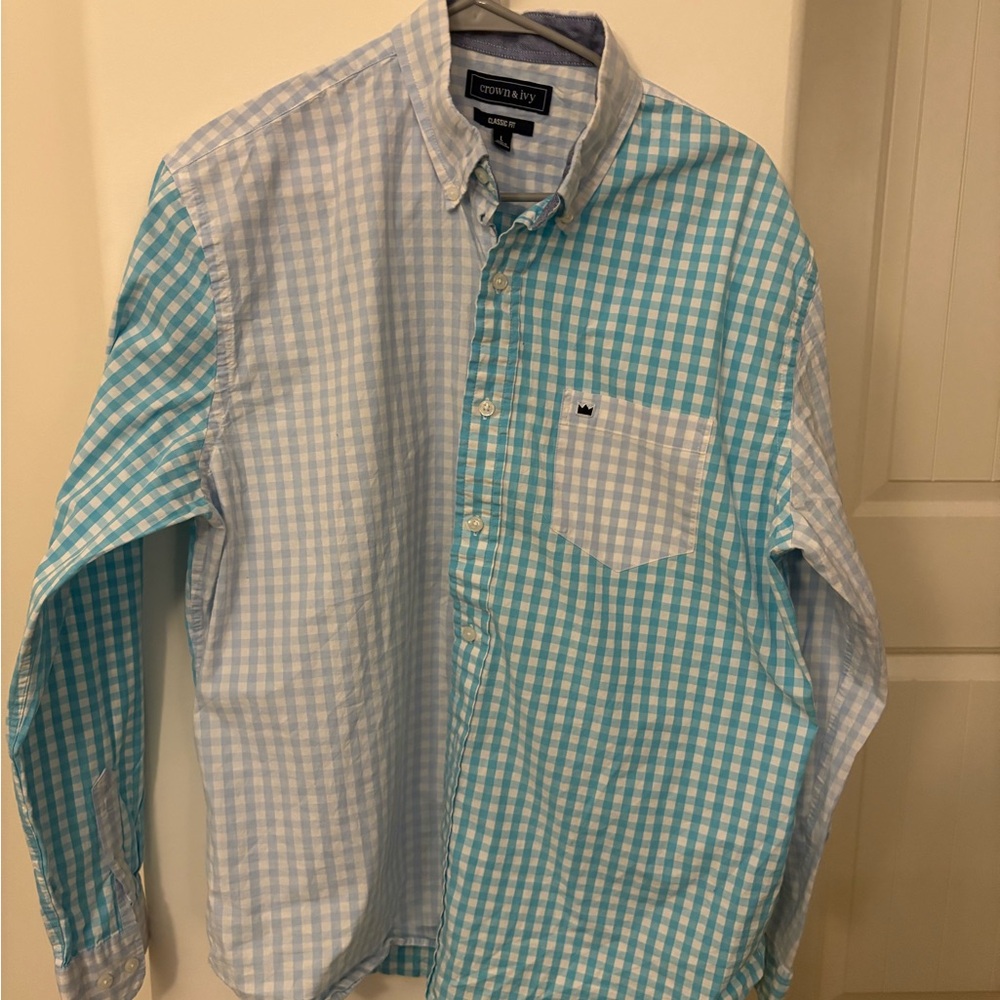 crown & ivy Men's Turquoise and Light Blue Gingham Button-Down Shirt